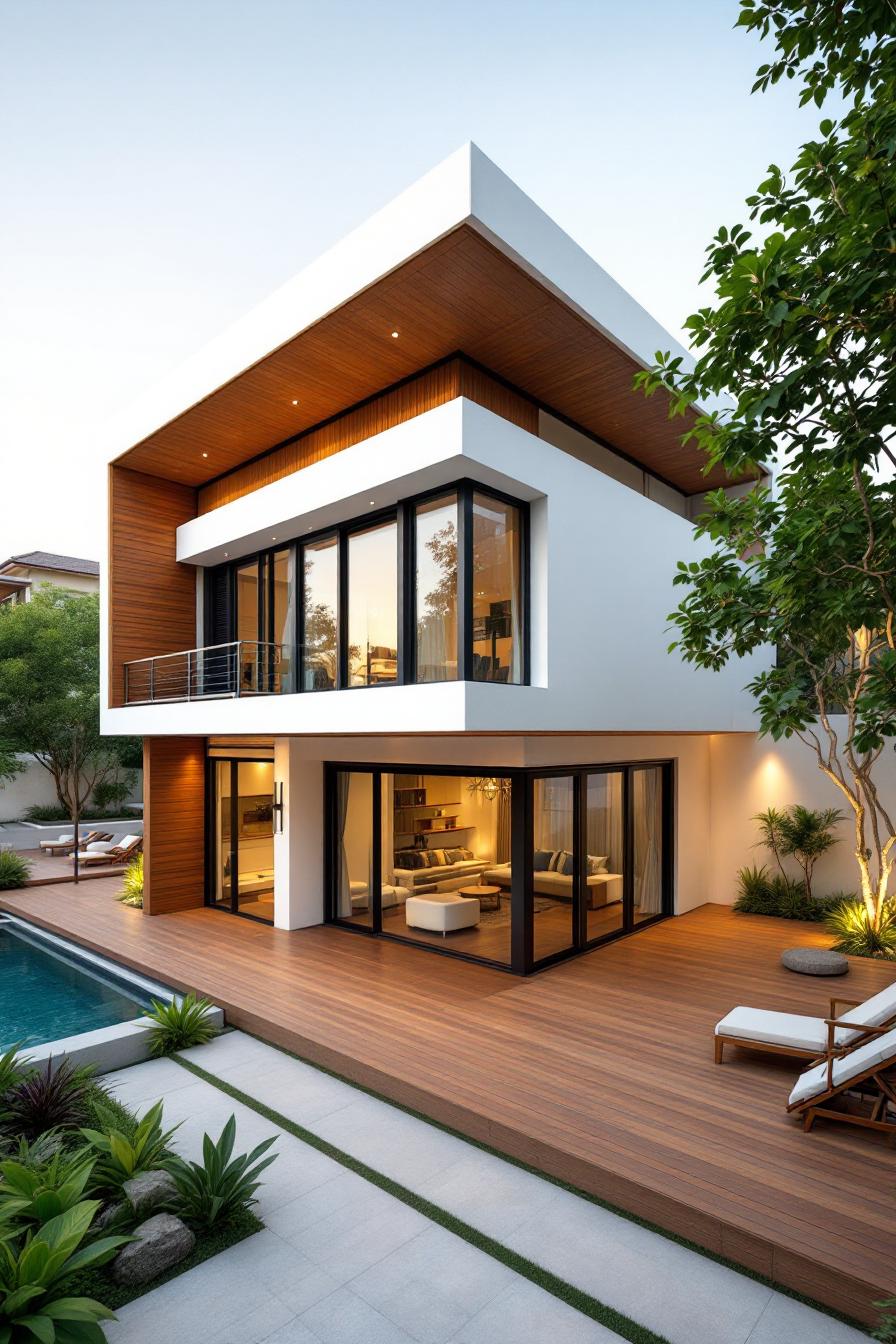 Modern Thai house with angular design and wooden terrace