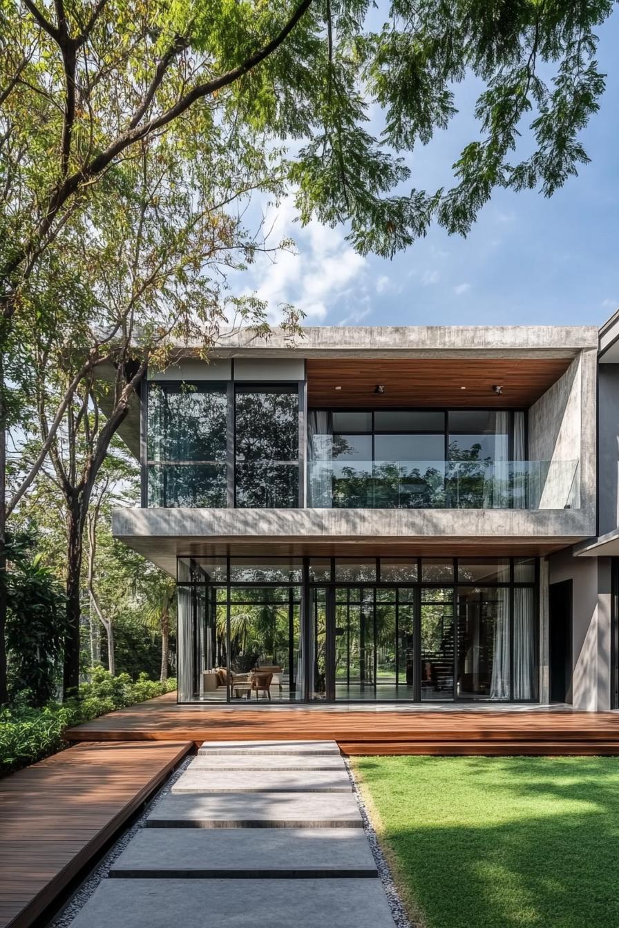 Modern house with large glass windows and wooden accents surrounded by lush greenery