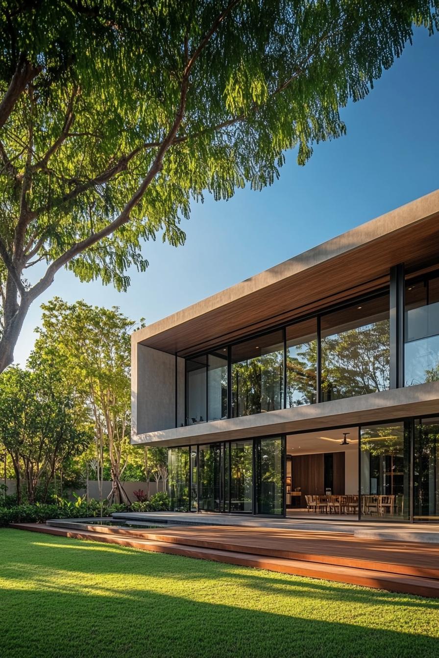 Modern Thai house with clay roof and glass walls