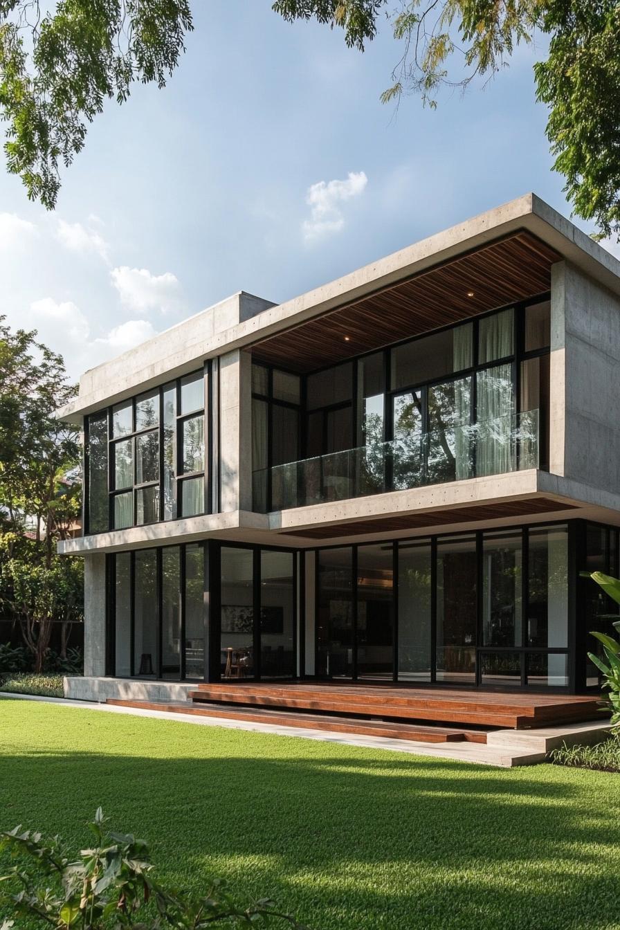 Modern Thai house with large windows and a lush lawn