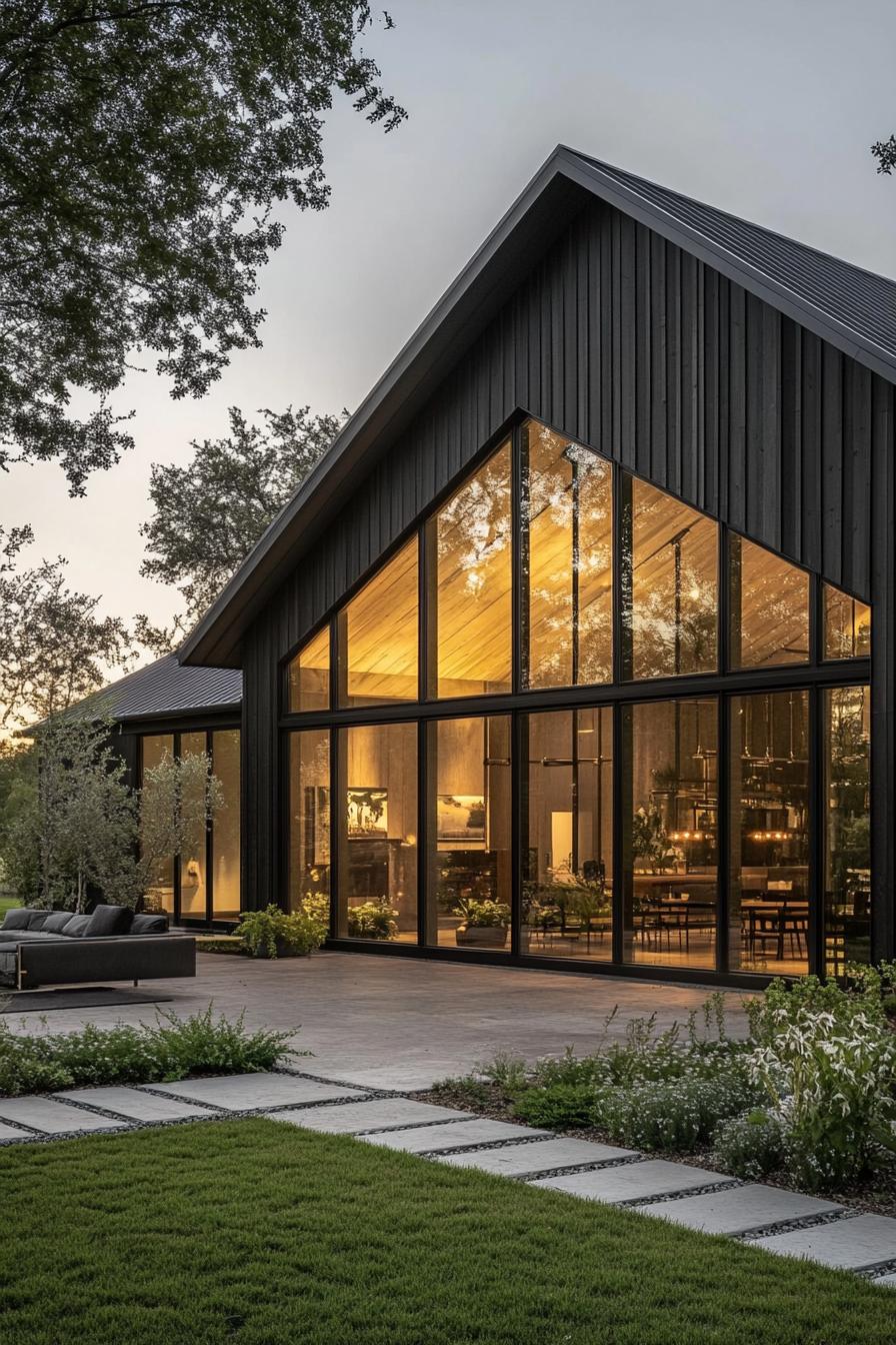 Modern barndominium with large glass windows and lush greenery