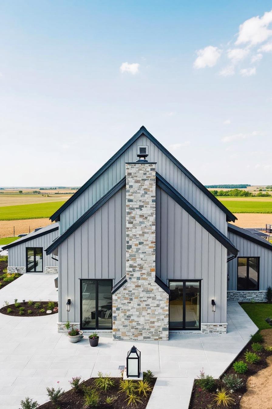 Modern barndominium in a rural landscape