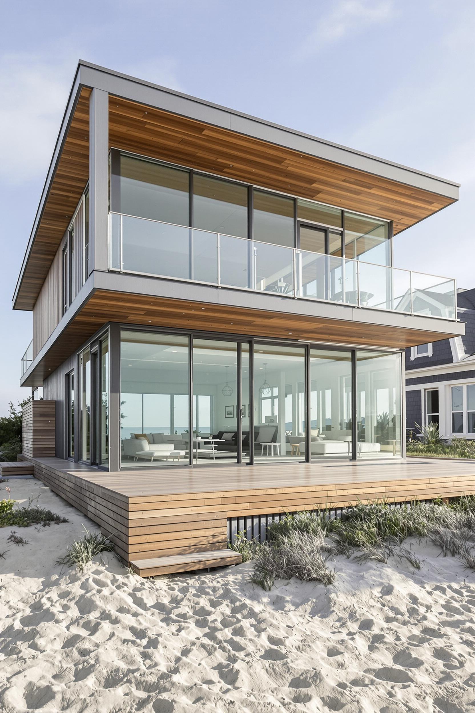 Modern beach house with large glass windows and wooden accents