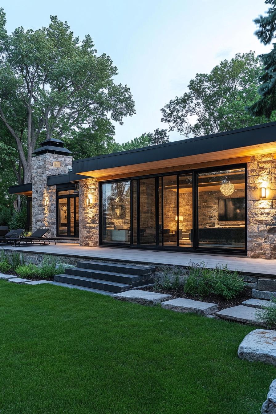 Modern bungalow with stone facade and large glass windows surrounded by trees