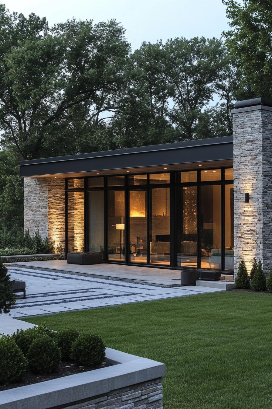 Modern bungalow with large glass windows, surrounded by lush greenery