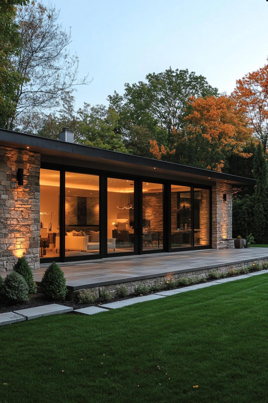 Modern bungalow with illuminated stone facade and large windows