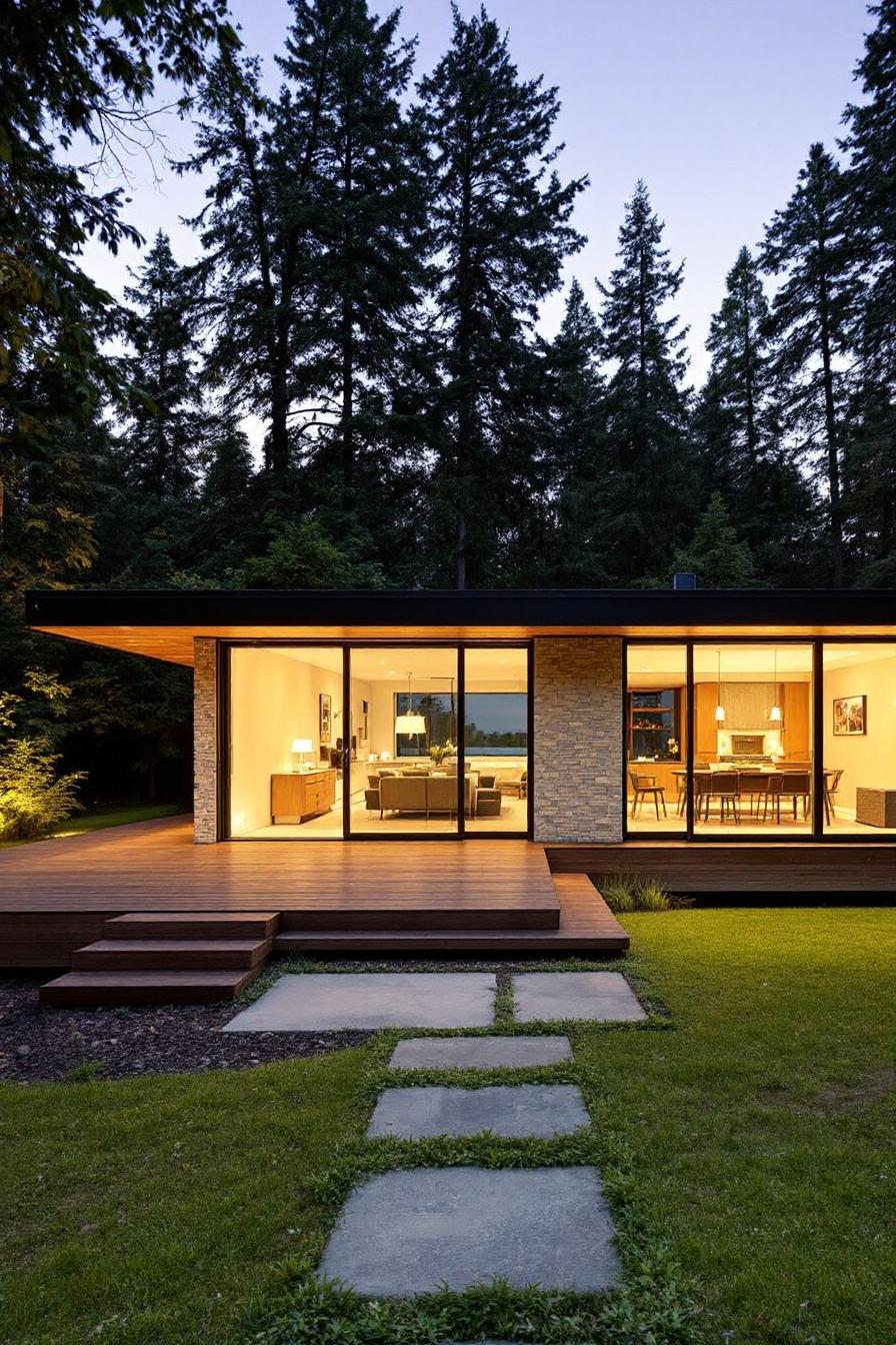 Modern bungalow with large glass windows and a wooden deck