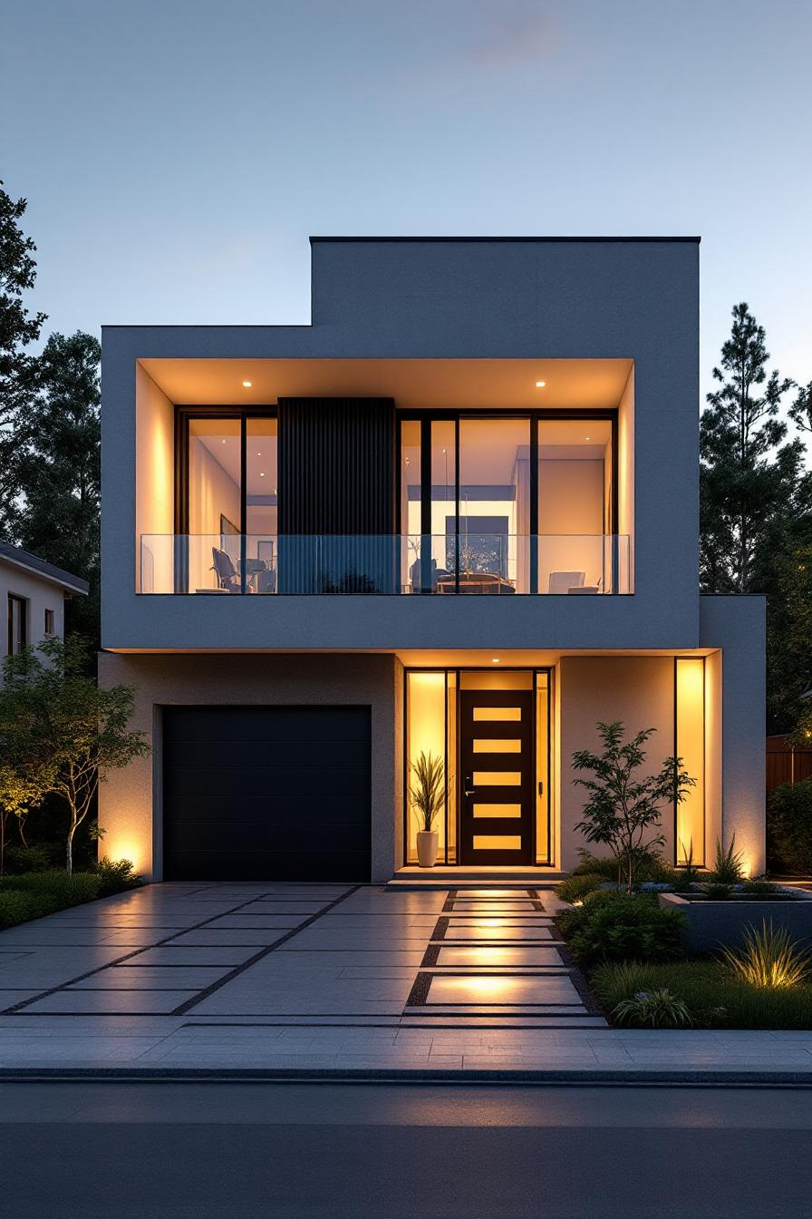 Modern two-story home illuminated in the evening