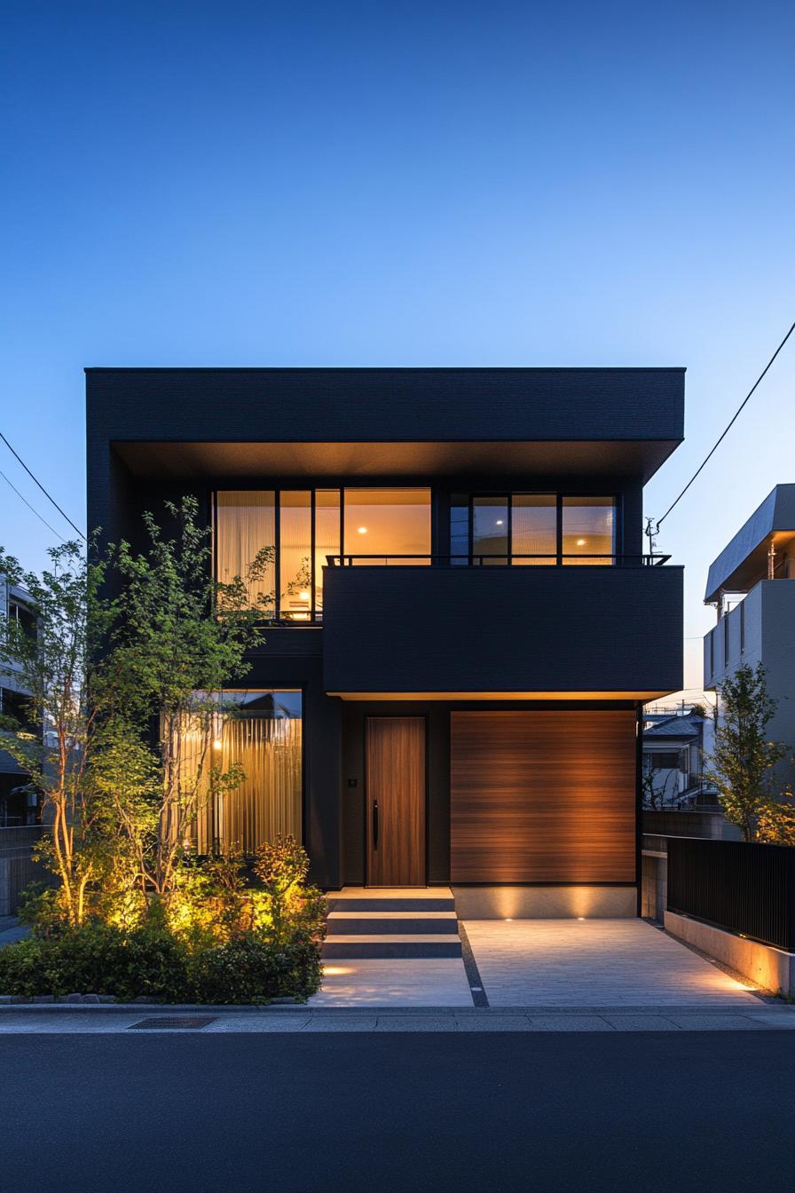 Modern house with illuminated facade at dusk