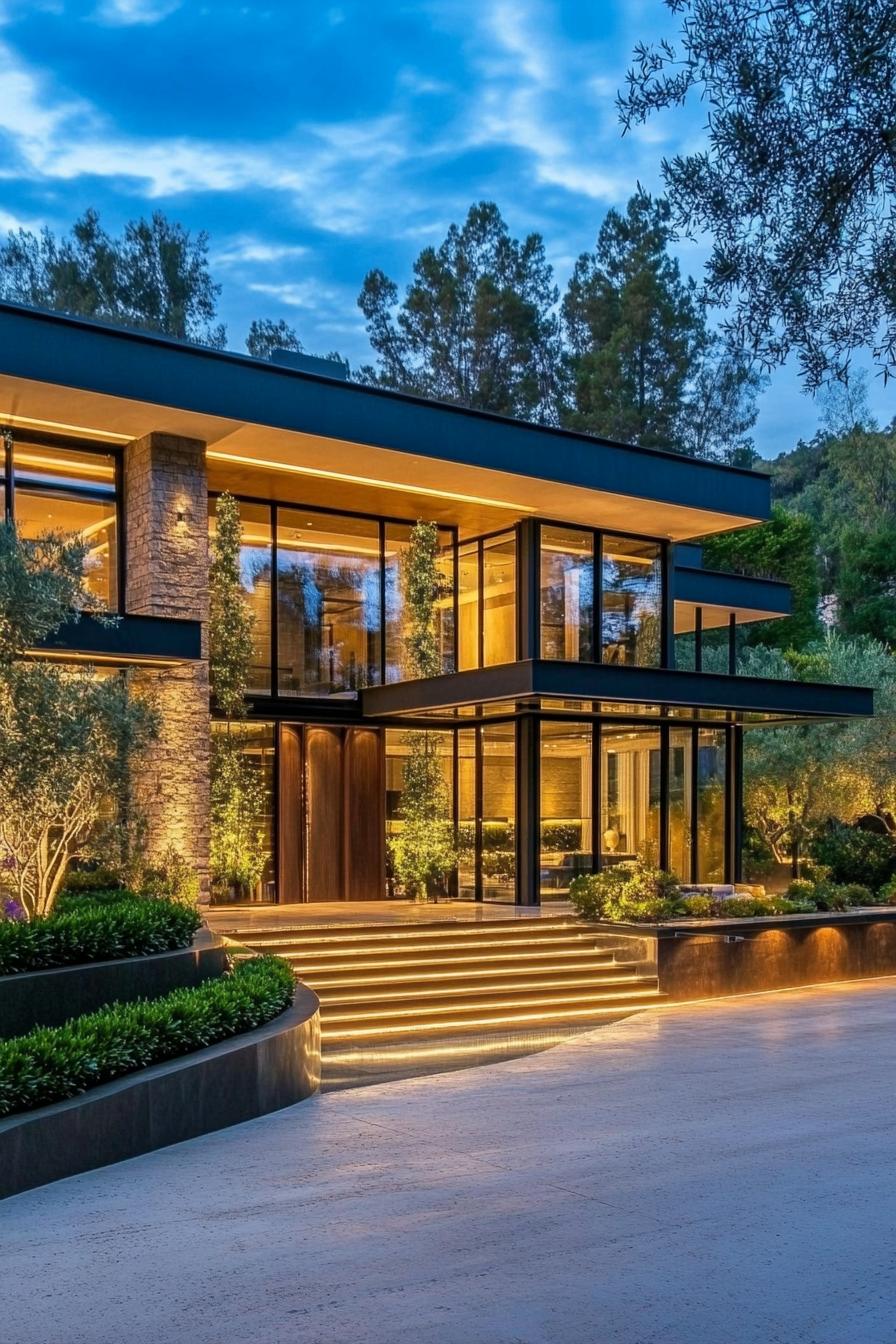 Modern house with illuminated steps and glass facade