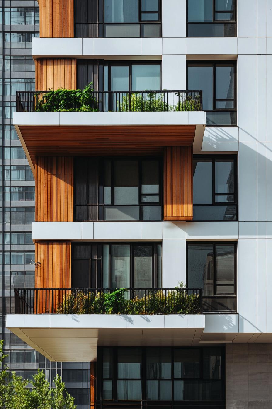 Modern building facade with wooden accents and lush balconies