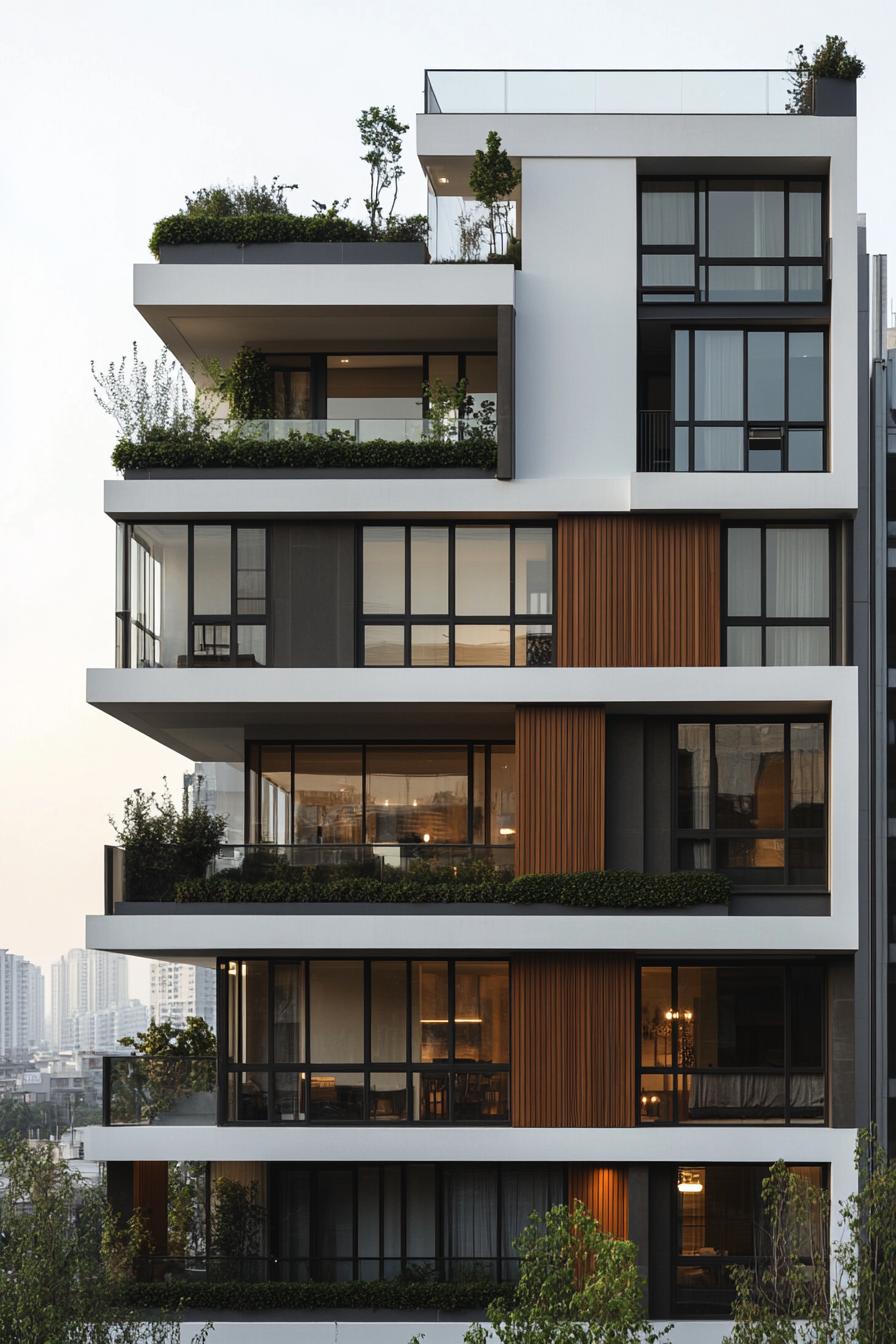 Modern residential building with greenery on each balcony