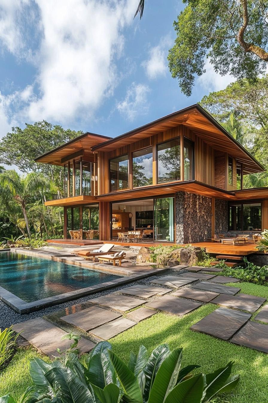 Tropical house with a wooden facade and large glass windows by the pool