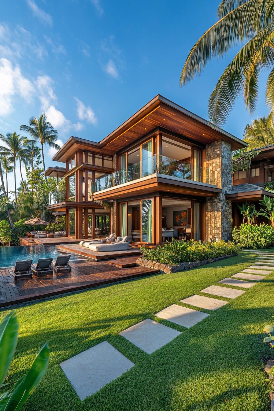 Modern tropical house exterior elongated rectangular two story facade sections of wood siding sections of stone tile expansive floor to ceiling 3