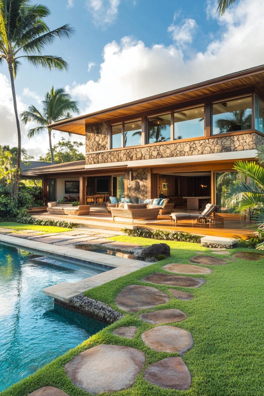 Lush tropical house exterior with pool and stone path