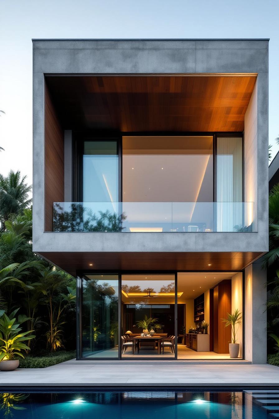 Modern tropical house with glass walls and pool