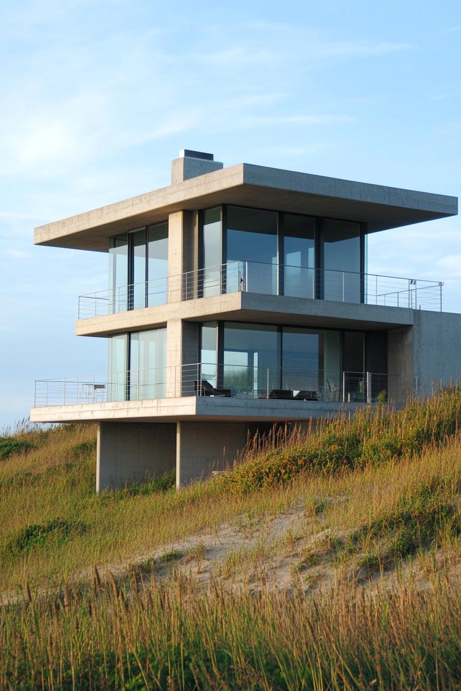 Modern beach house with expansive glass windows and concrete structure