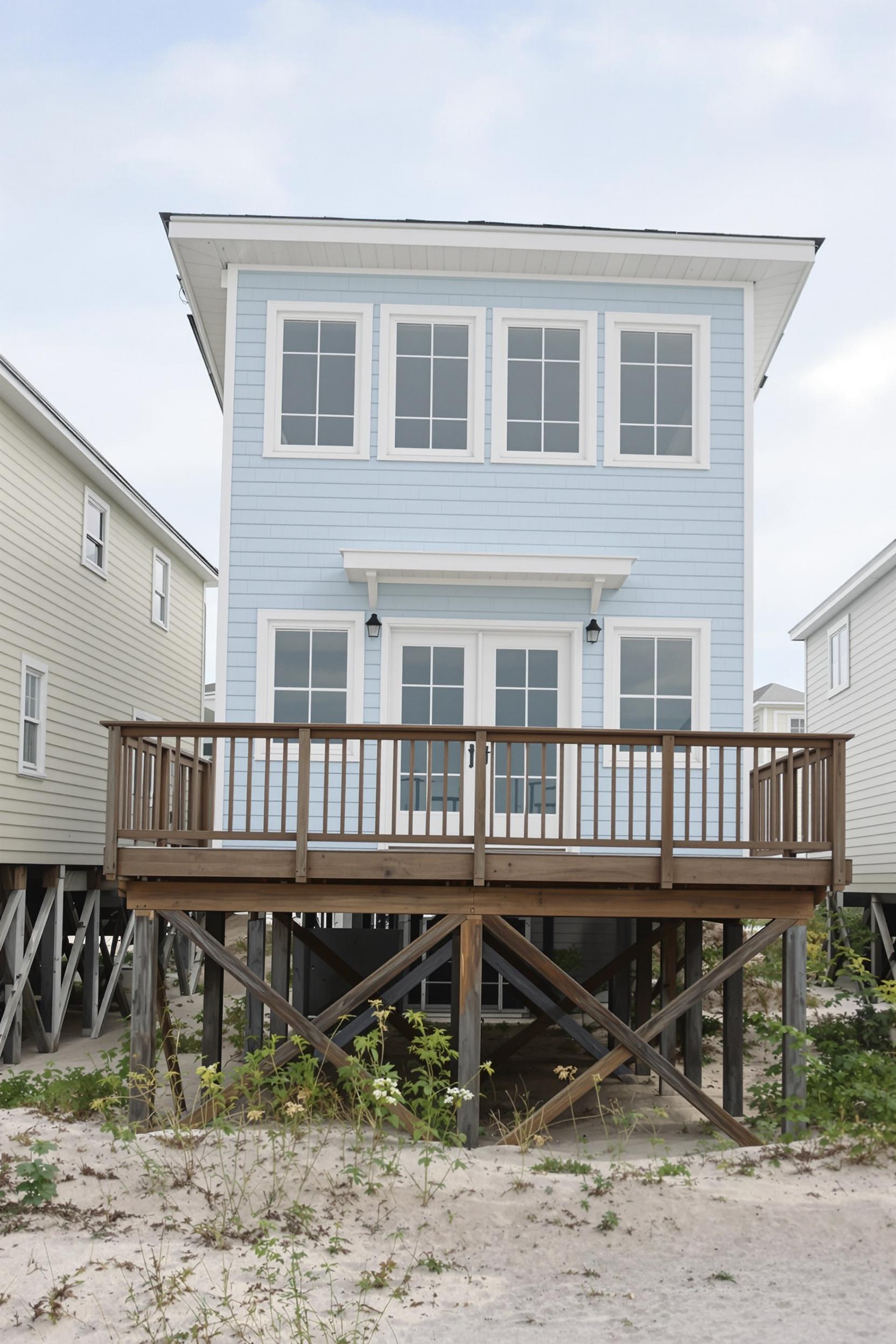 Beachfront house with a light blue facade and wooden deck