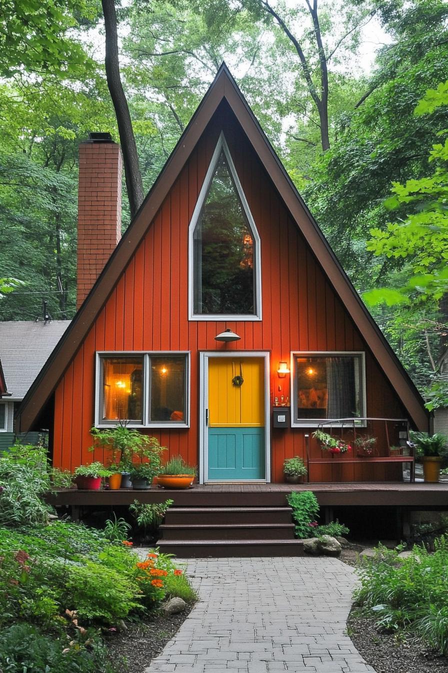 Colorful A-frame house in the woods