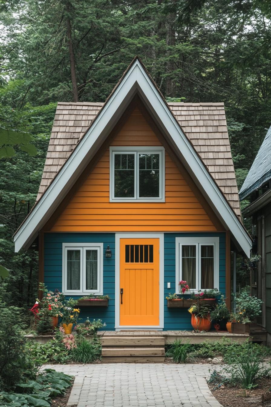 A-frame house with vibrant colors in a forest setting