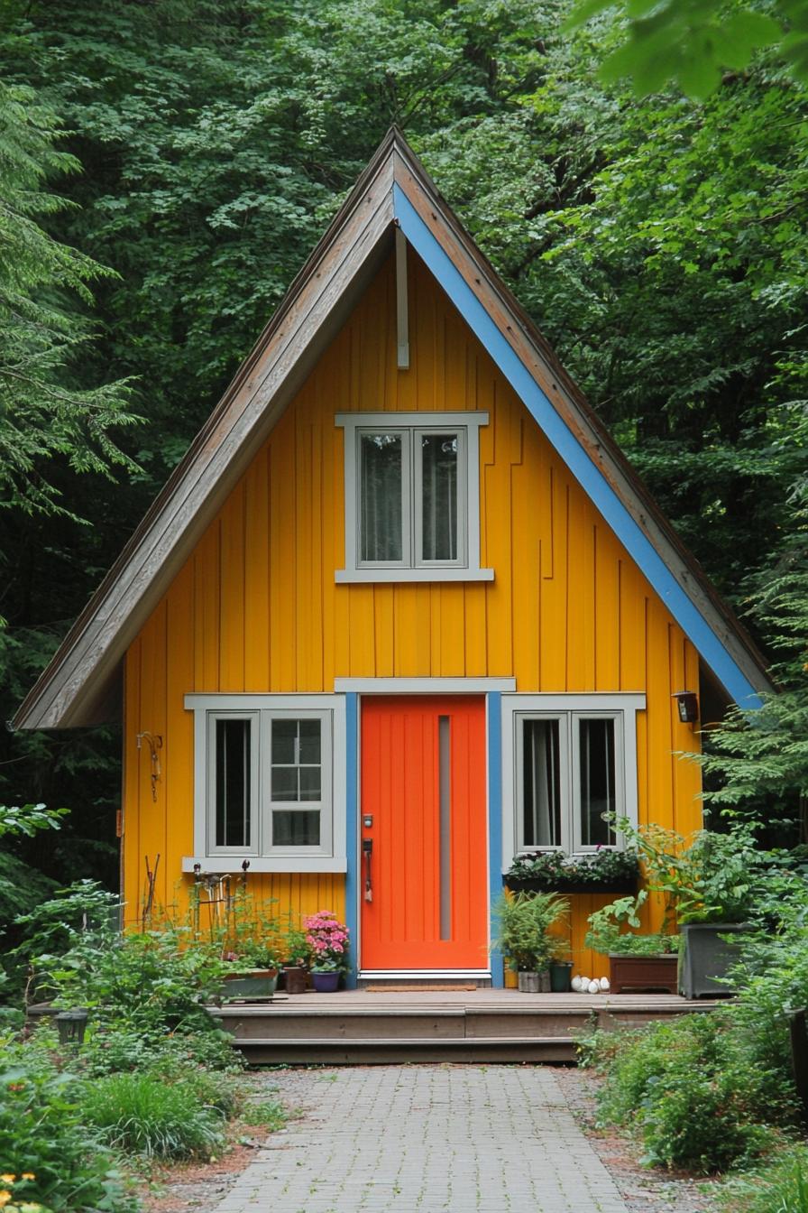 Colorful A-frame house surrounded by greenery