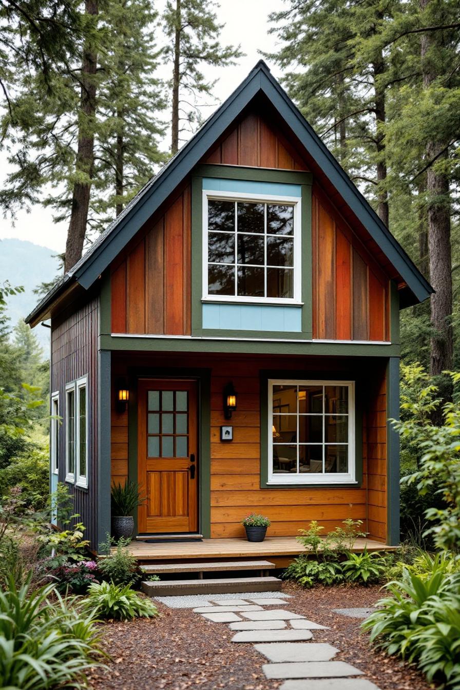 Charming small wooden house surrounded by trees