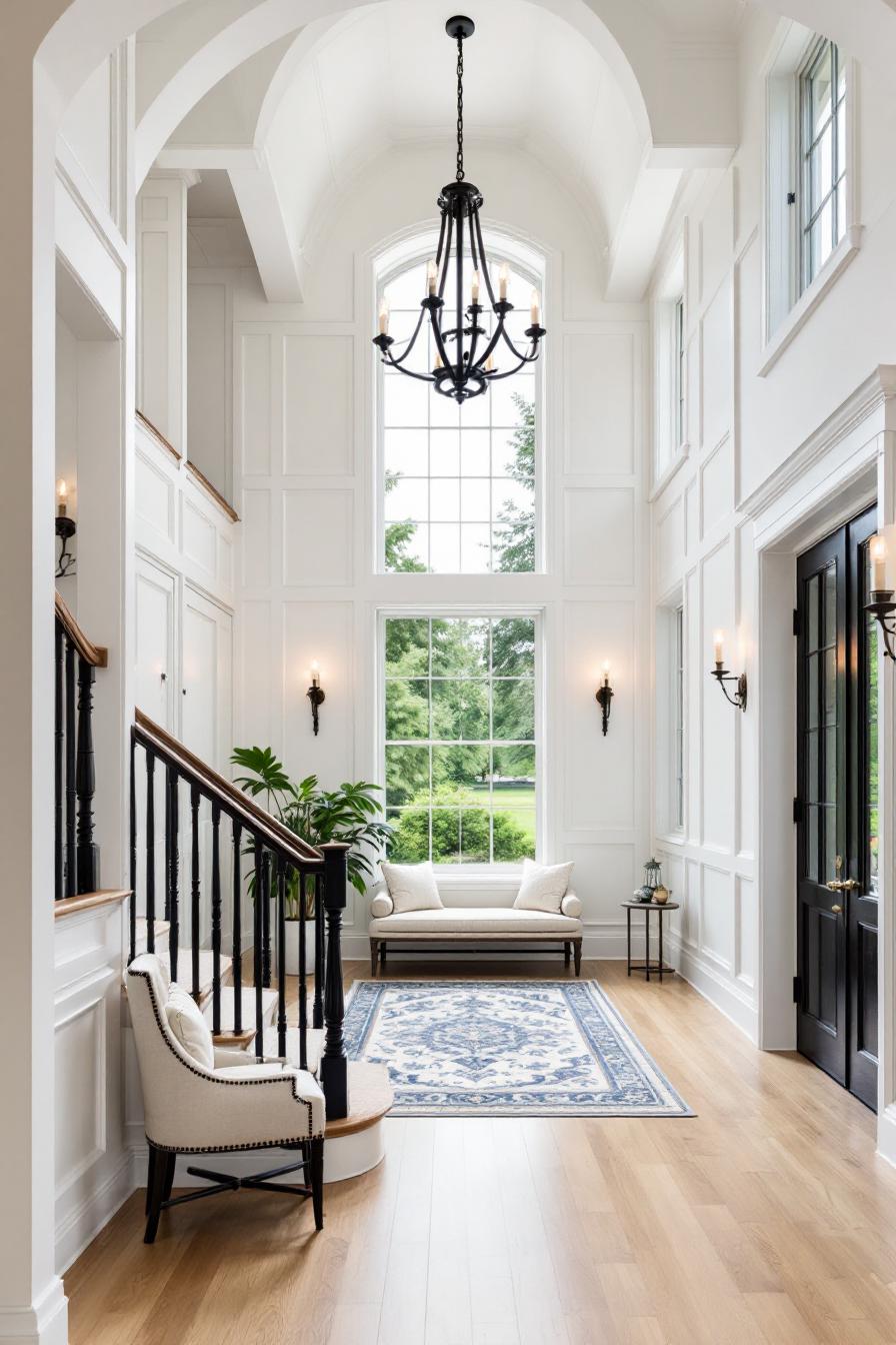 Bright colonial foyer with high ceilings and large window