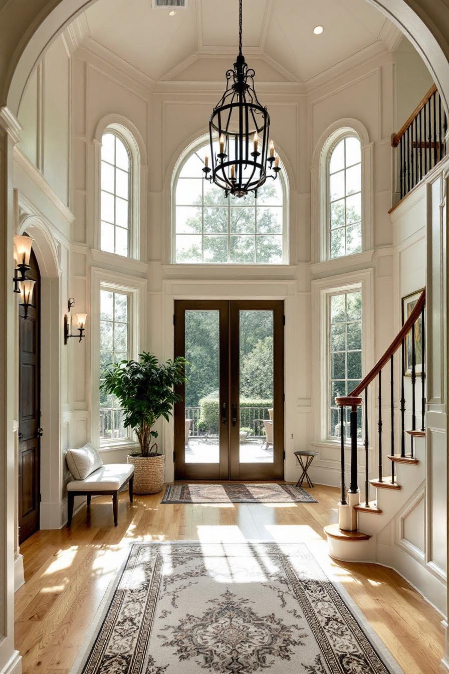 Colonial foyer with large windows and elegant staircase