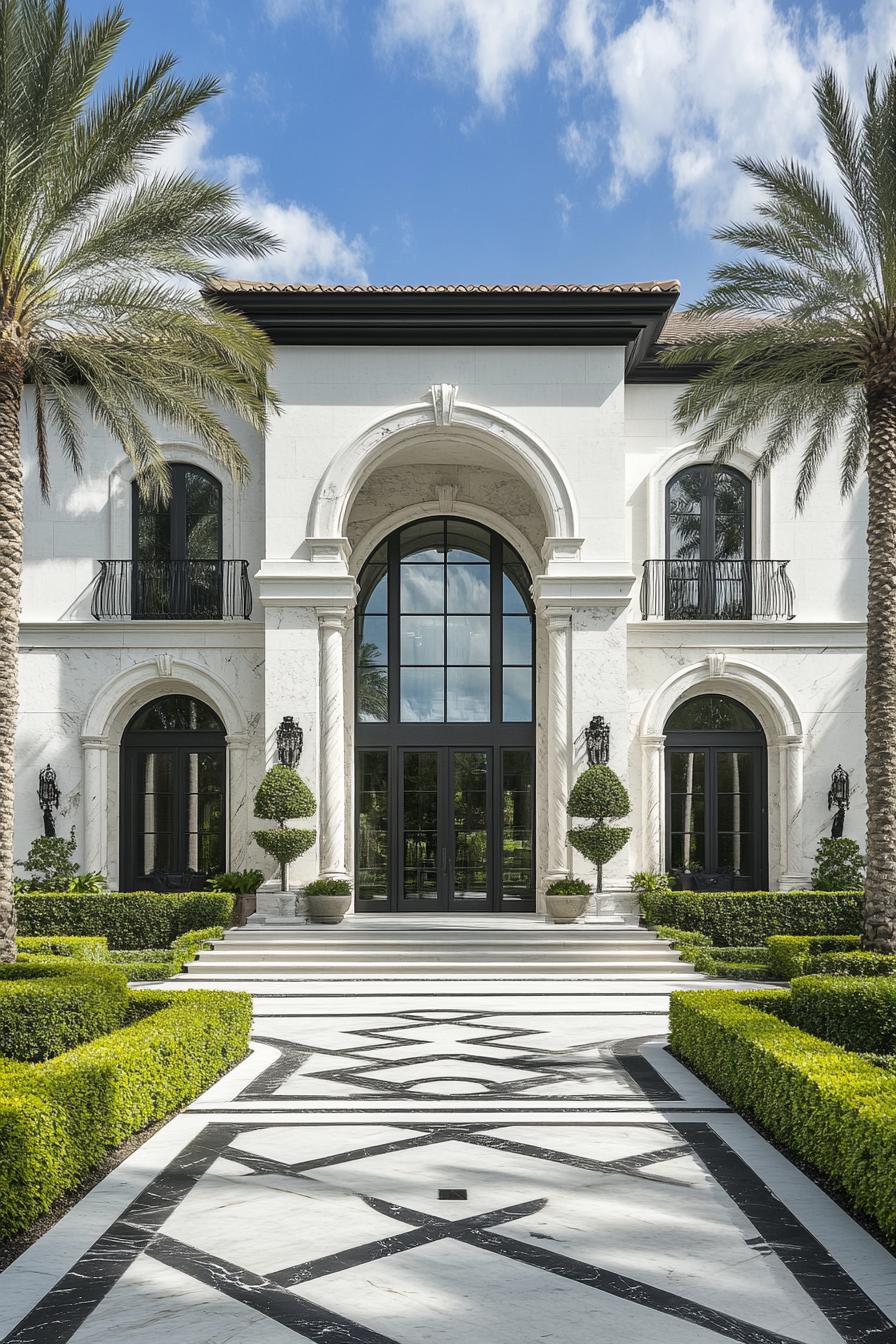 Sophisticated white villa with grand archway and palm trees