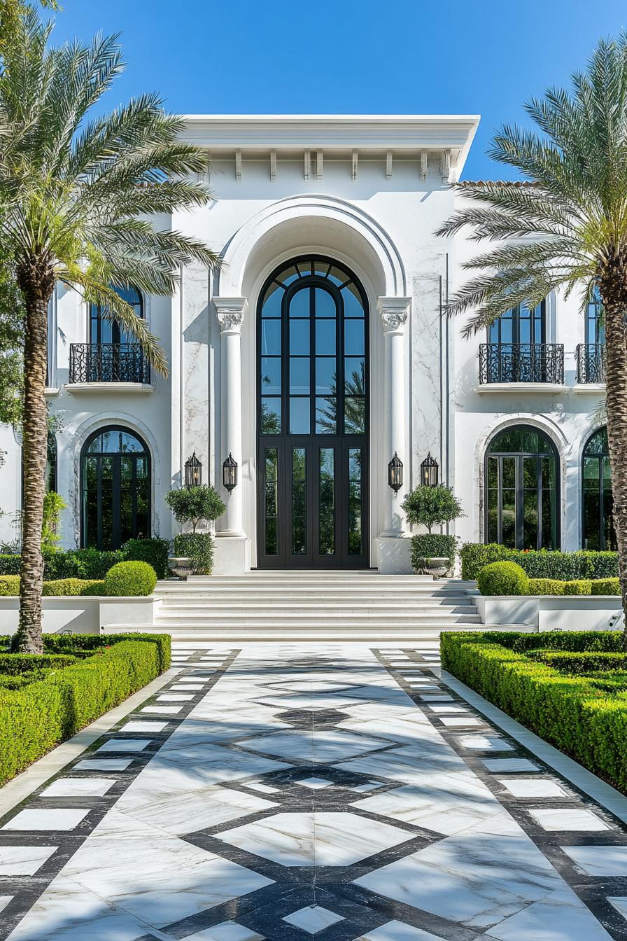 Luxurious home with grand entrance and lush greenery