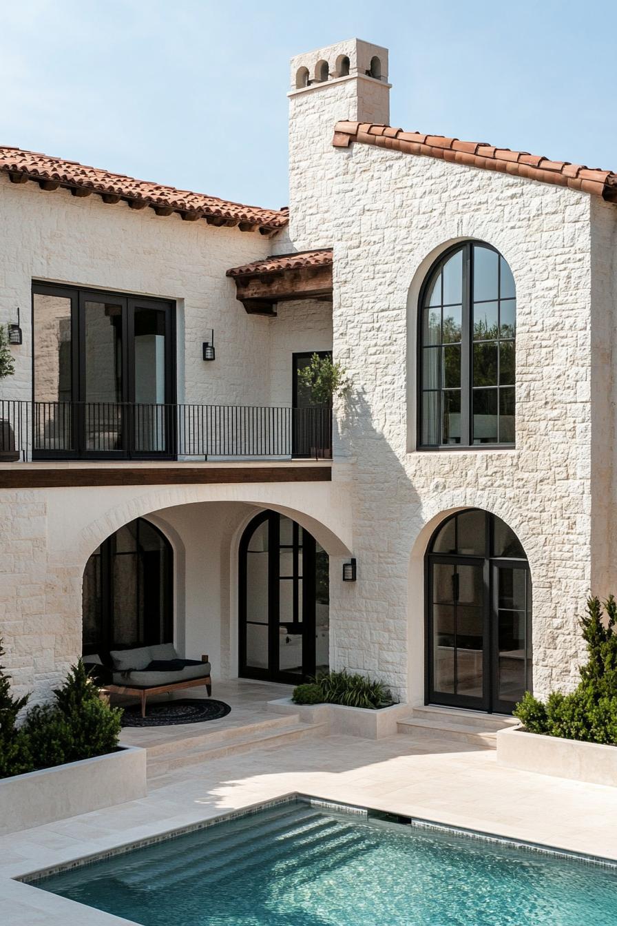 Elegant Mediterranean house with arched windows and a pool