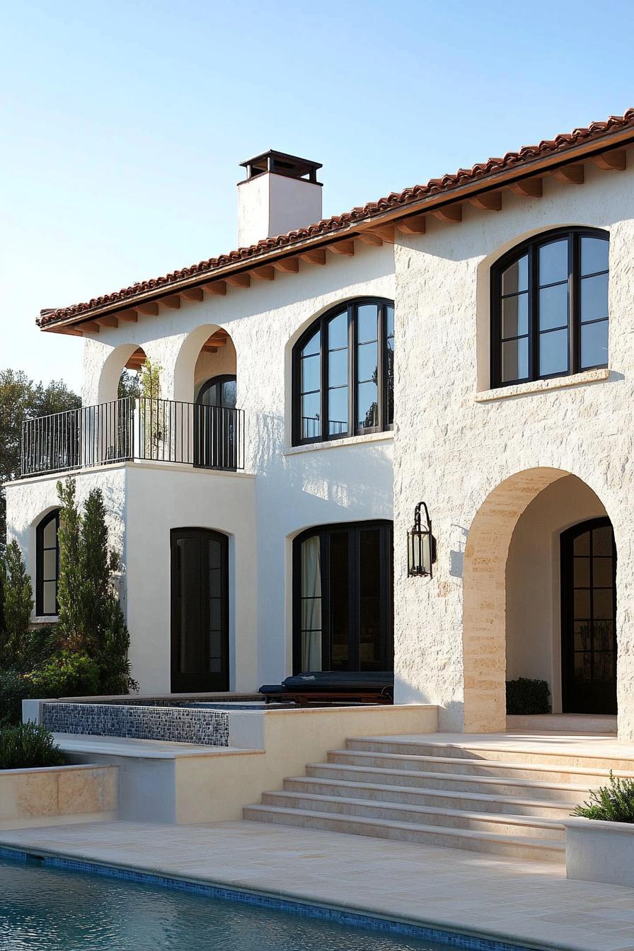 Elegant Mediterranean home with arched windows and a terrace