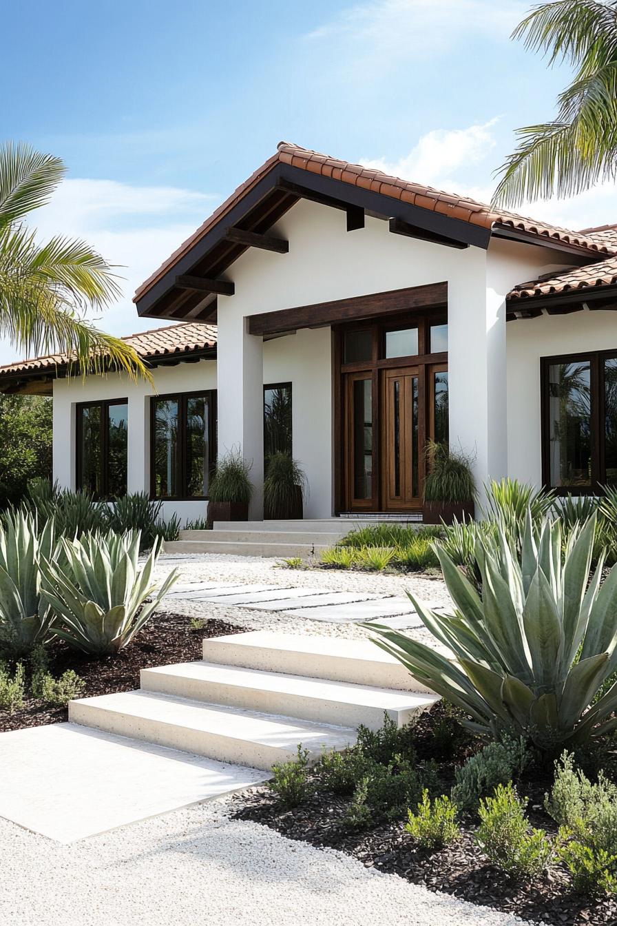 White bungalow with terracotta roof and palm trees