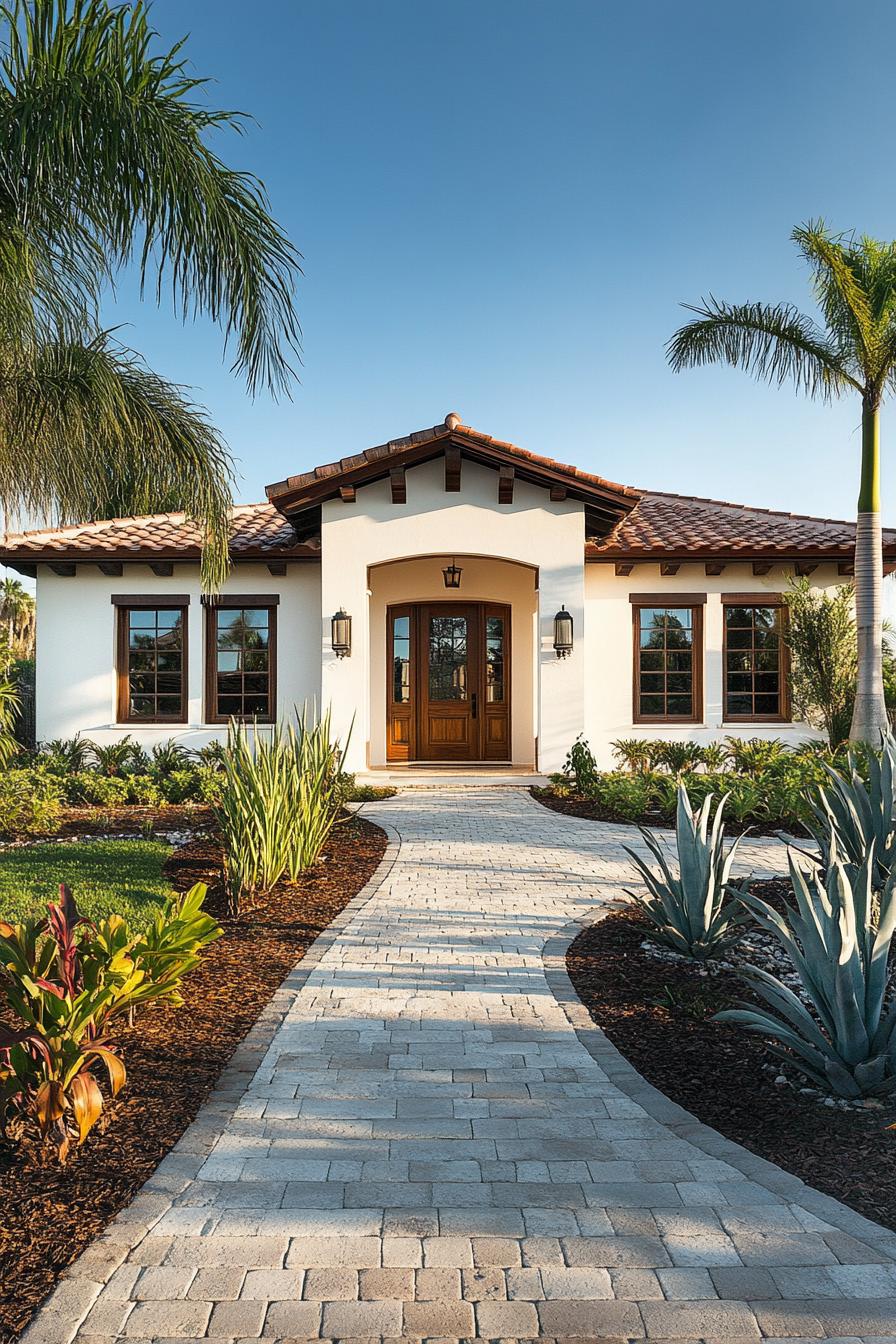 White bungalow with a terracotta roof surrounded by lush plants