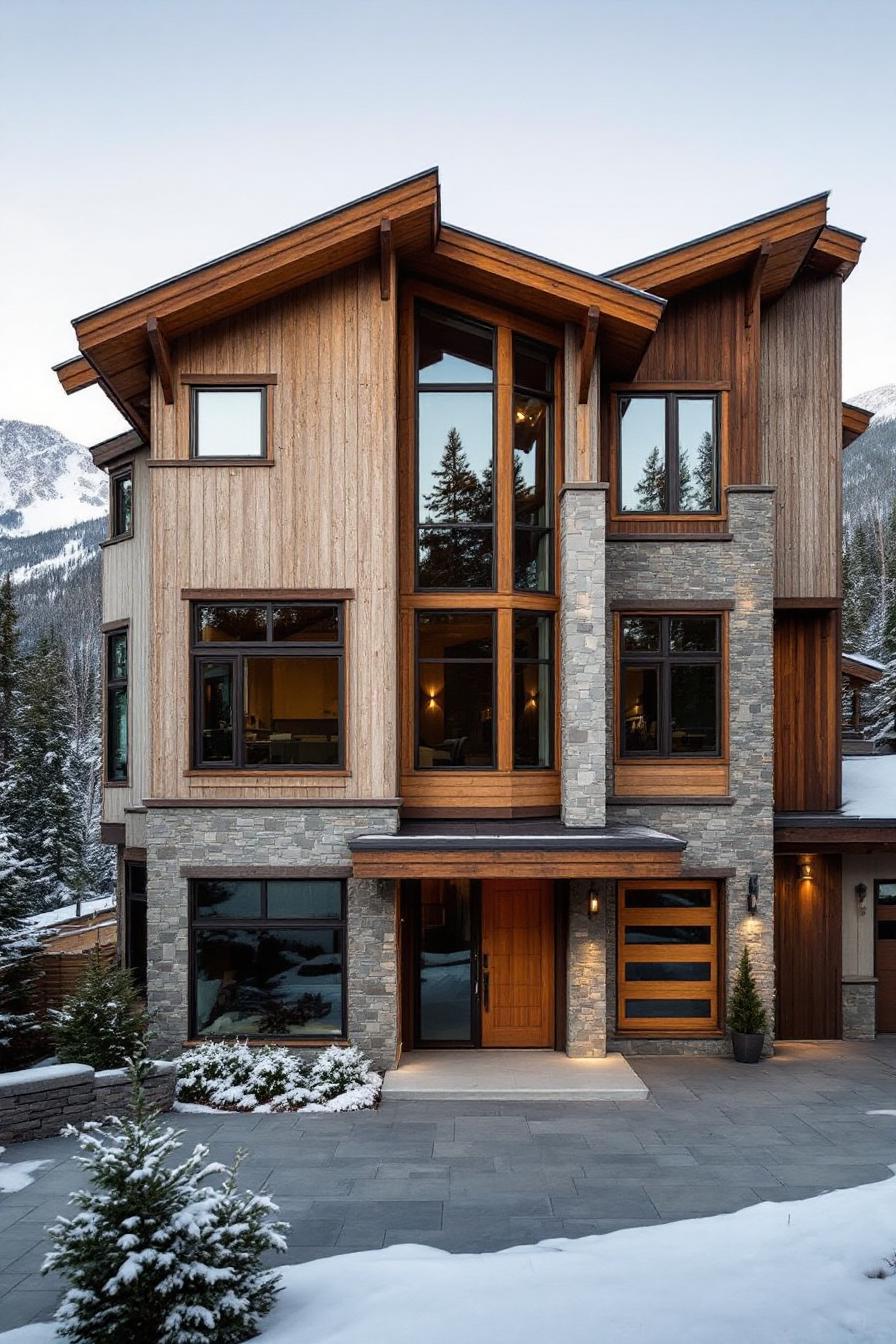 Modern mountain house nestled in a snowy landscape