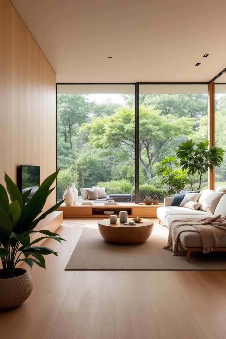 Contemporary living room with lush outdoor view