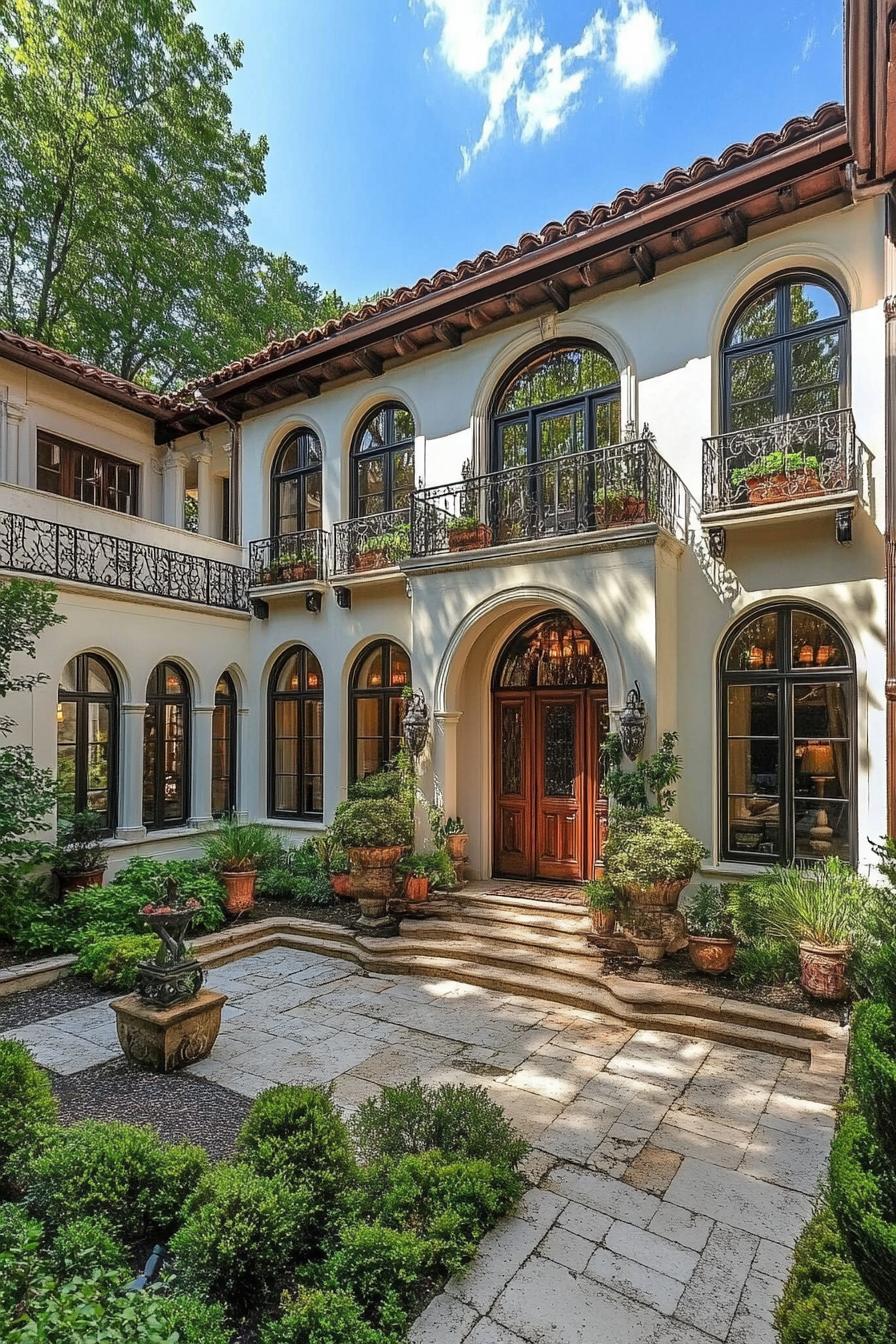 Mediterranean villa with arches and lush greenery