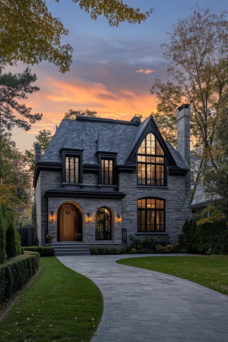 Modern French house with stone facade and arched windows at sunset