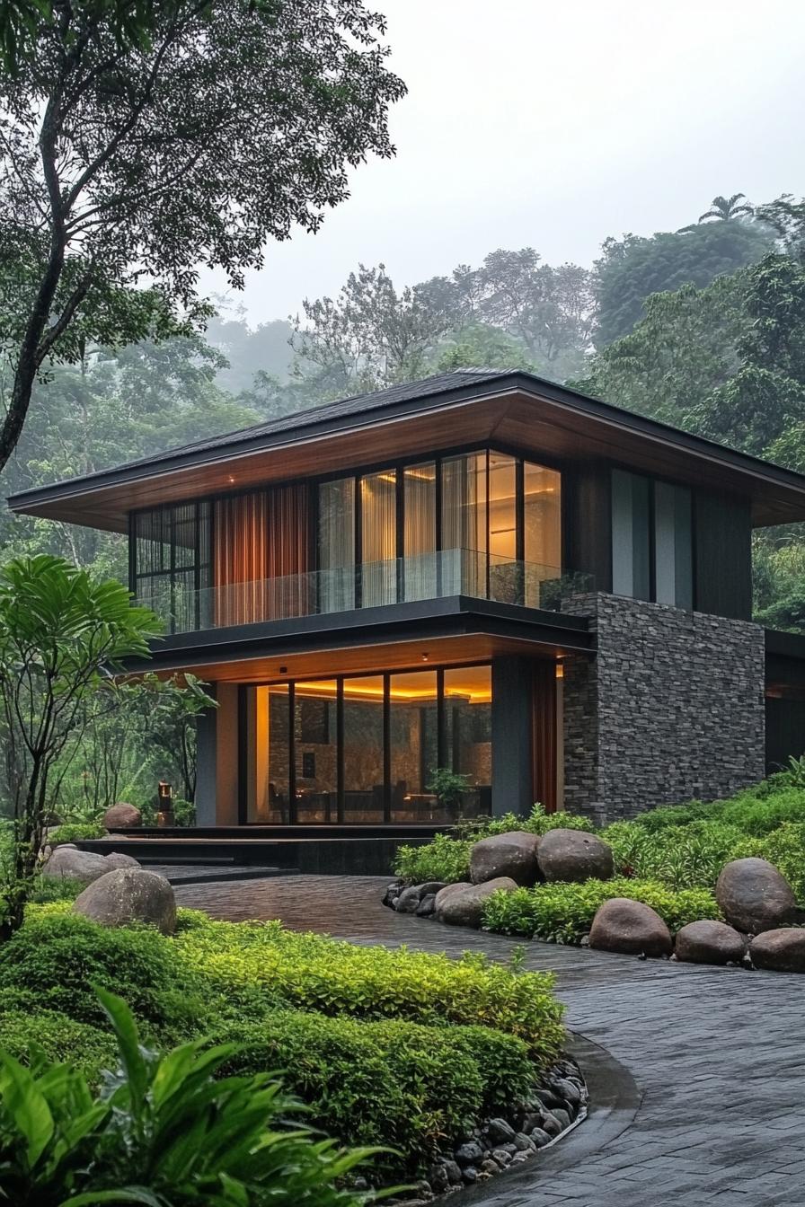 Modern Thai house with large windows and lush surroundings