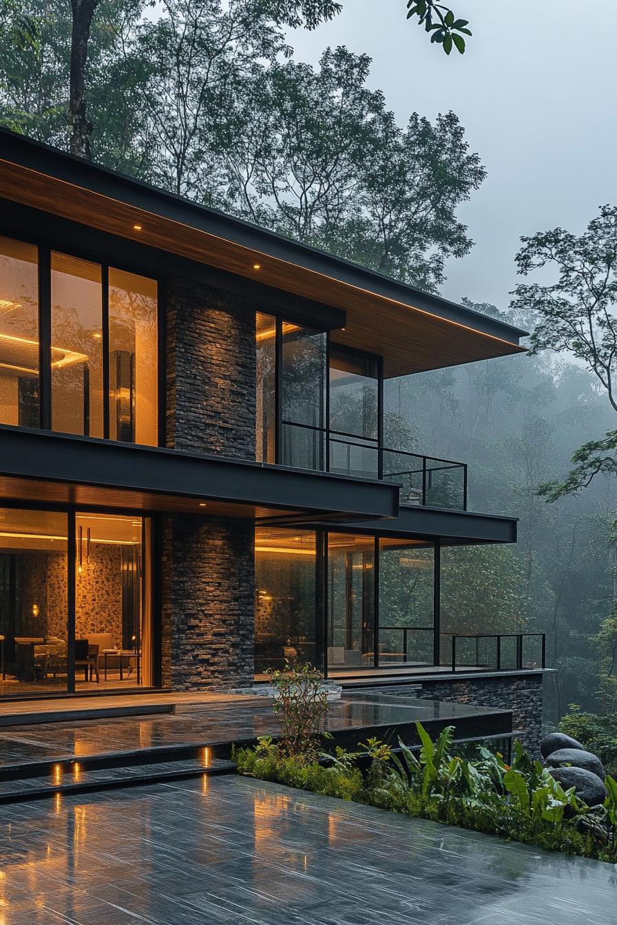 Modern house nestled in a lush forest