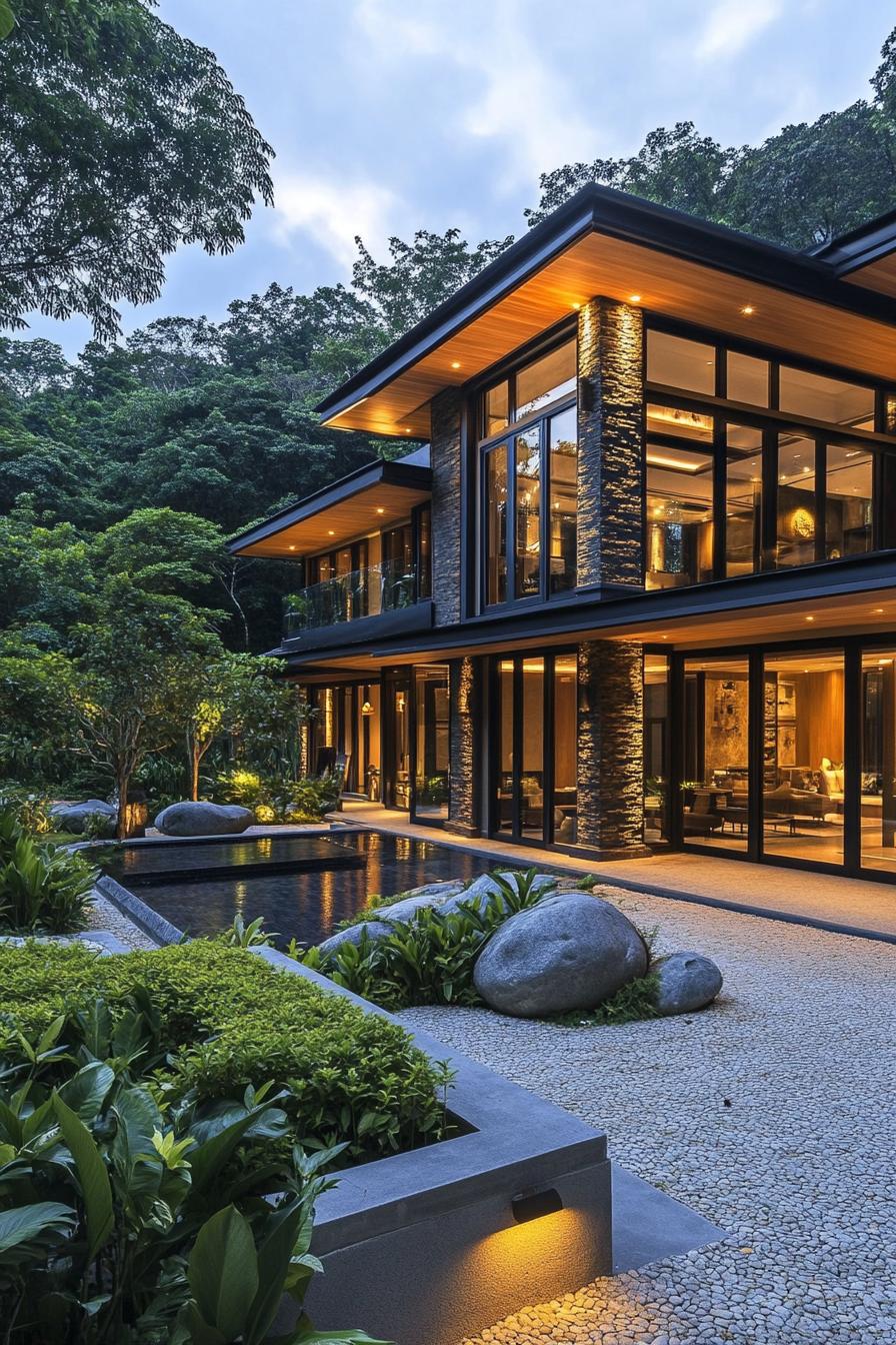 Modern Thai house with large windows and lush garden