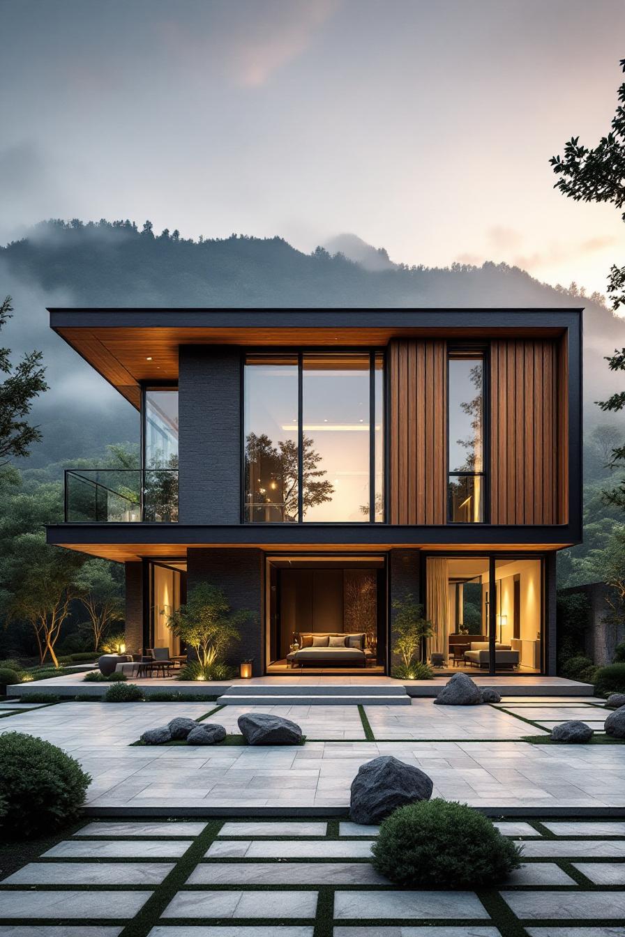 Modern Thai house with large windows and a mountain backdrop