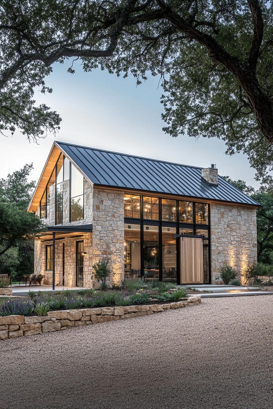 Chic stone barndominium with large glass windows