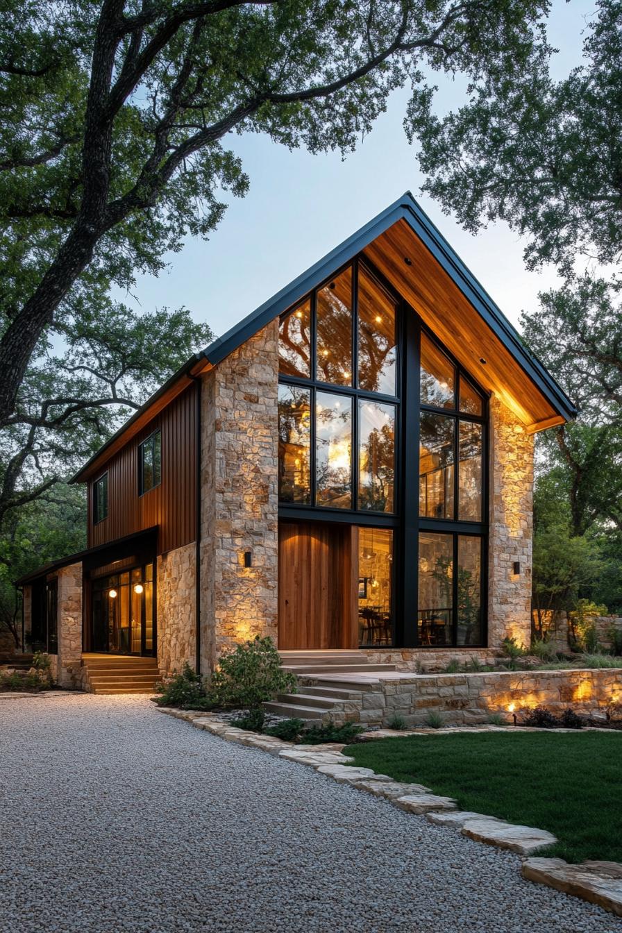 A modern barn-style home with tall windows and stone facade