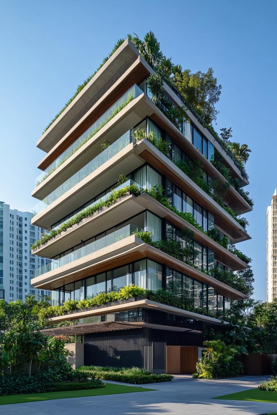 A modern building with layered balconies and lush greenery