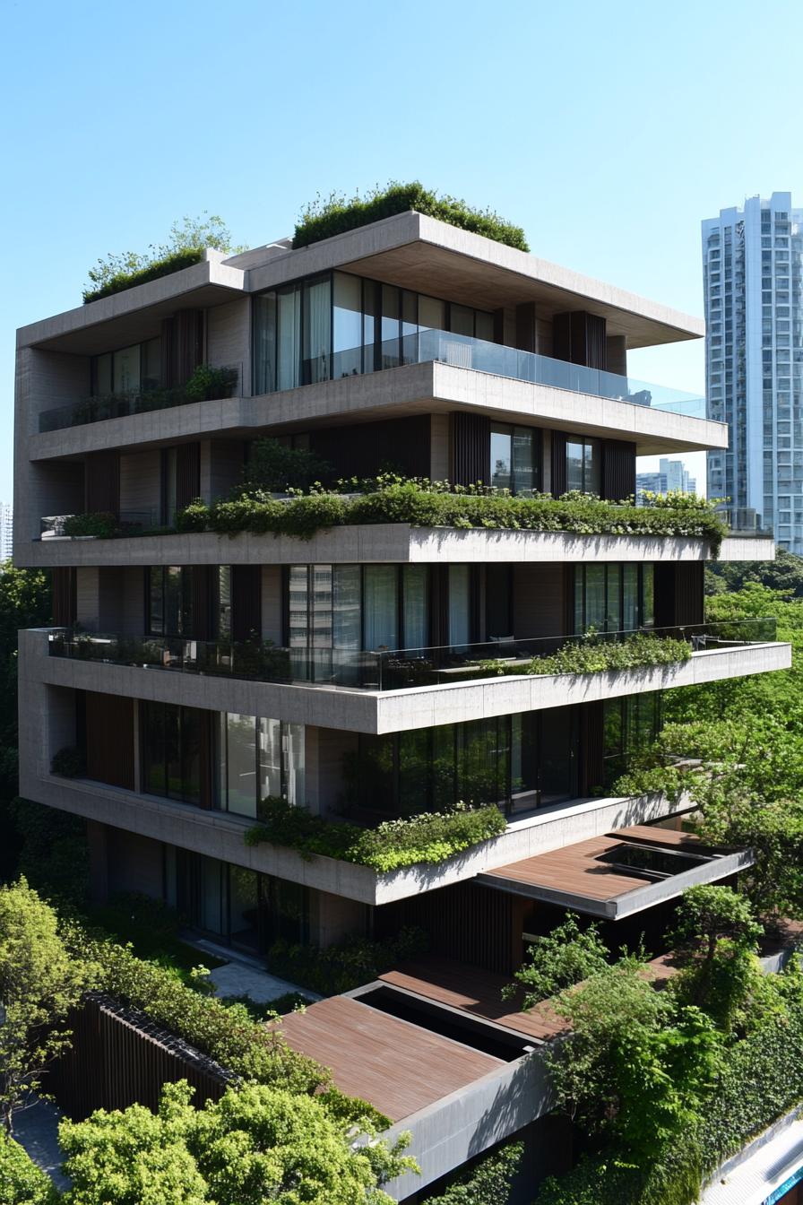 Multi-layered building adorned with lush greenery