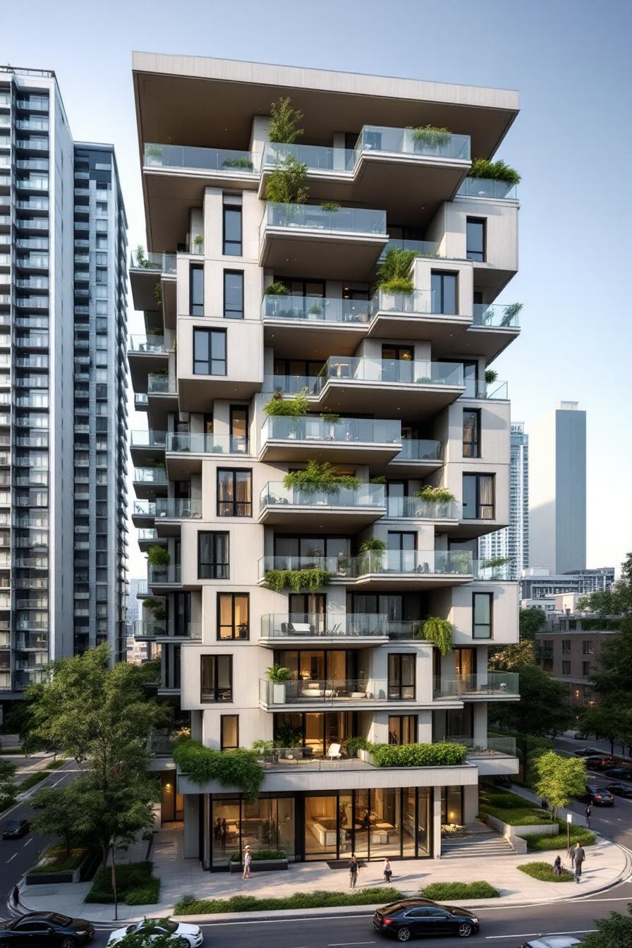 Modern residential building with balconies and greenery