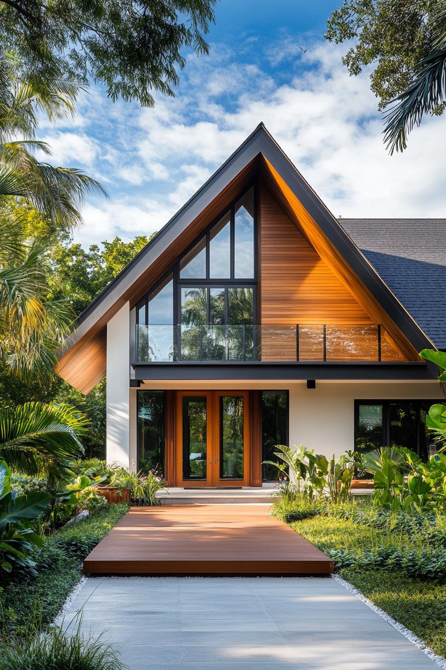 Stylish A-frame house surrounded by lush greenery