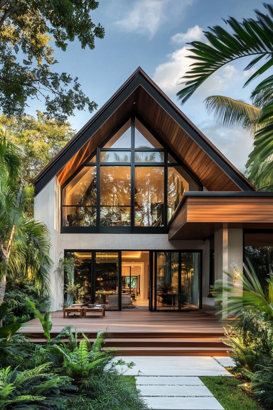 Modern A-frame house amidst lush tropical greenery