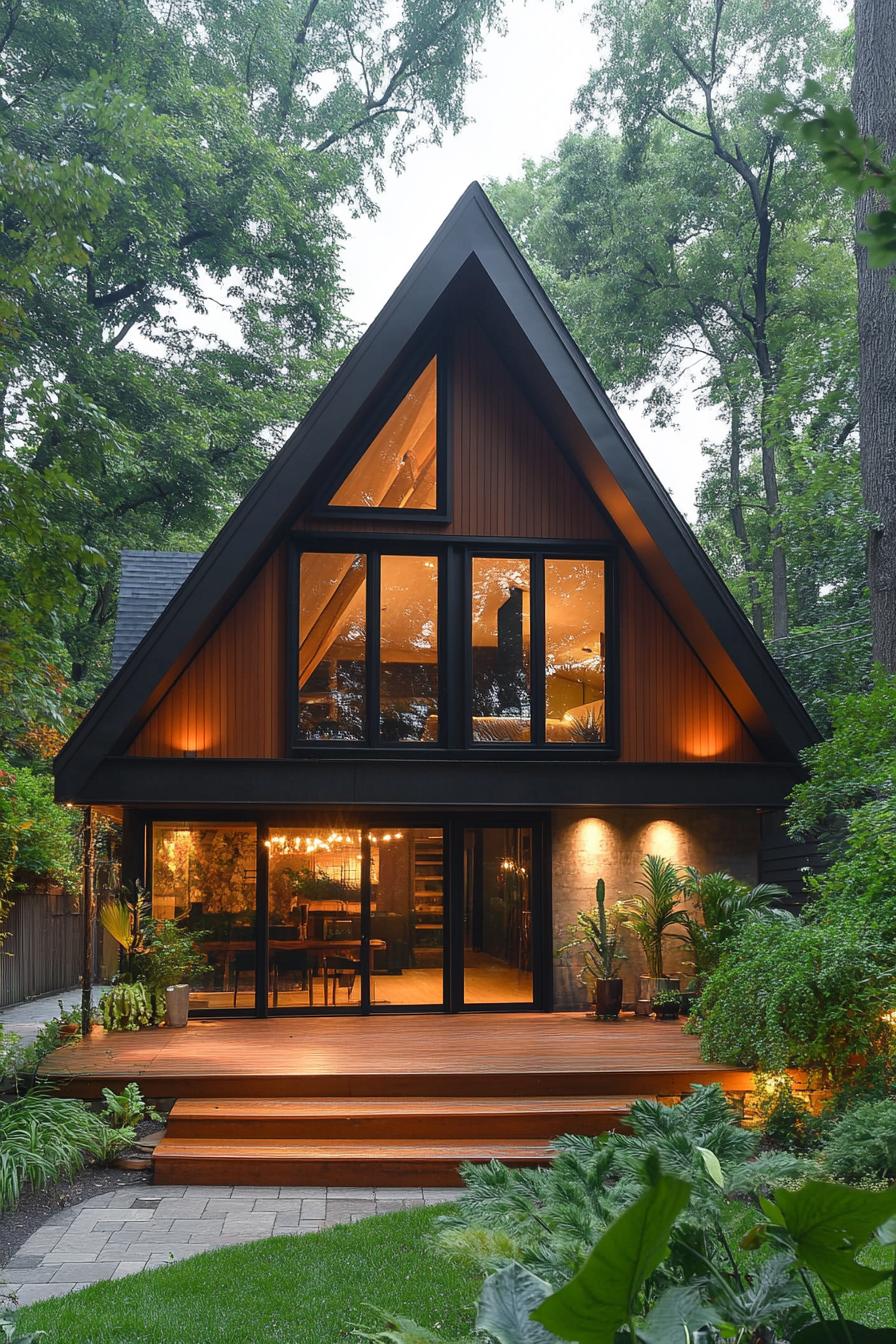 A-Frame house surrounded by lush greenery, glowing warmly